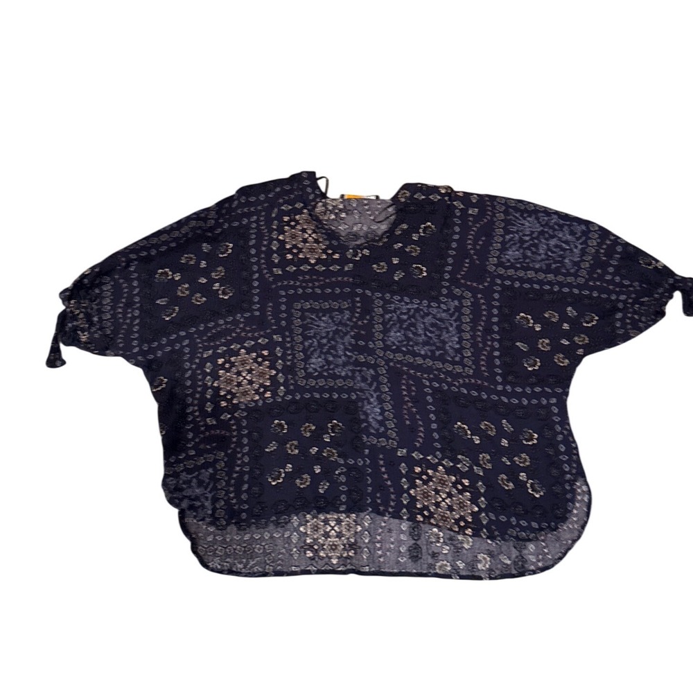 Reneec Women's M Navy Blue Bandana Floral Print V-Neck Rayon Blouse Made in USA